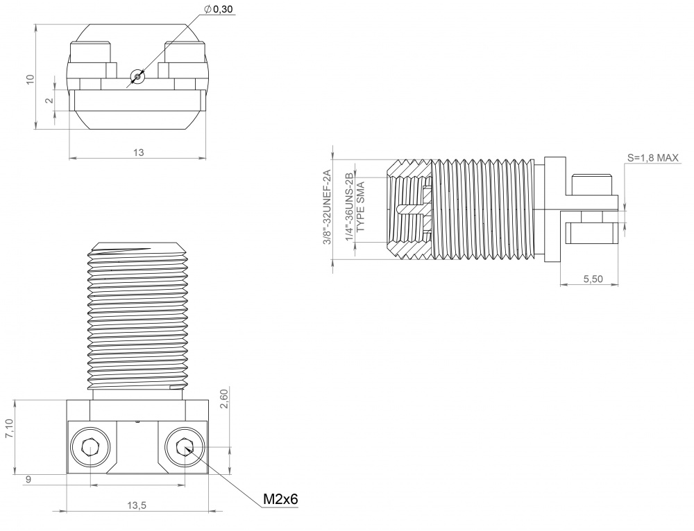 Разъем SMA(male) на плату толщиной до 1,8 мм, с фиксацией винтами, DC-40 ГГц
